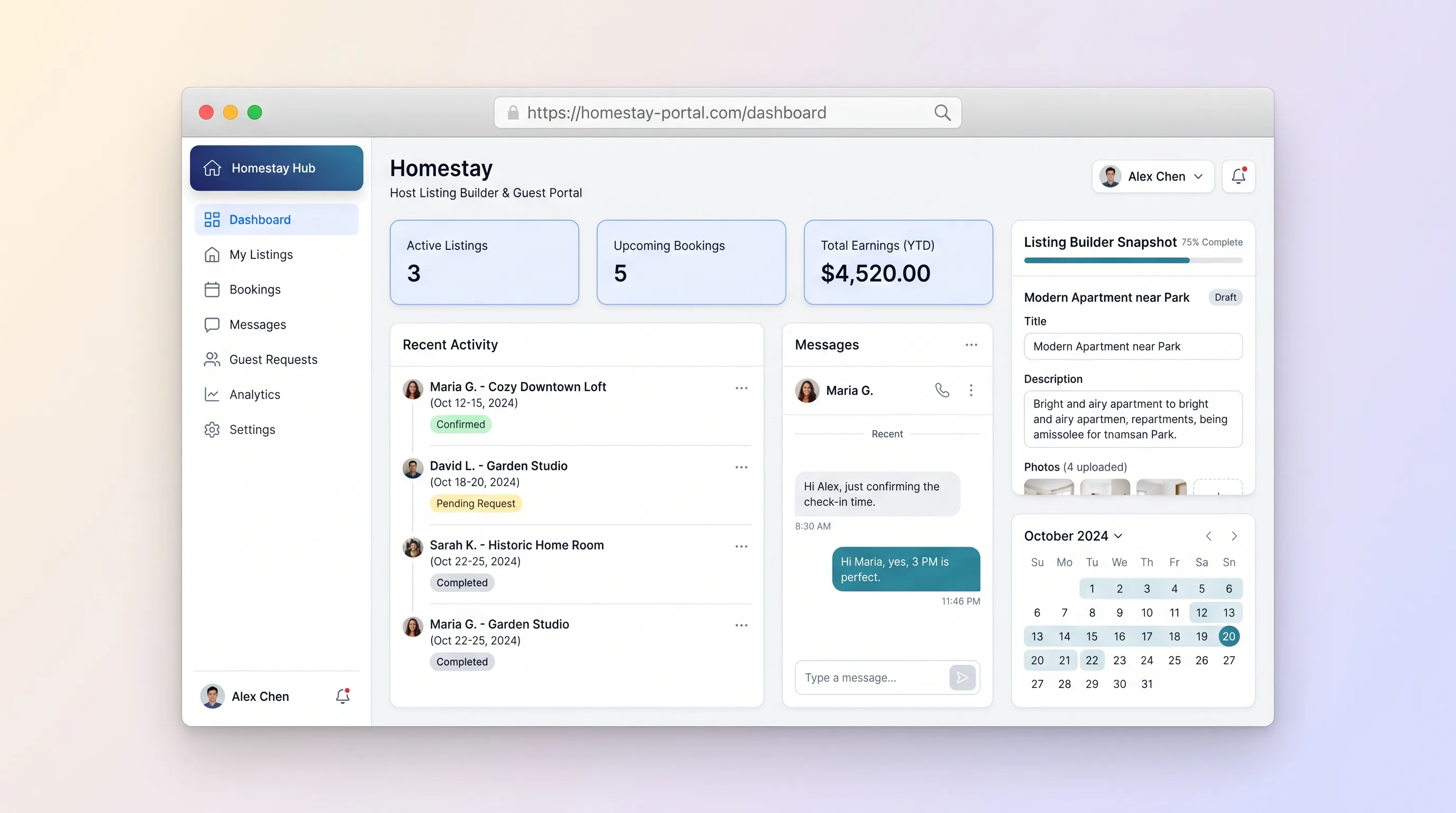 Map-integrated homestay listing interface with warm white background, terracotta and sage green accent cards, rounded listing thumbnails pinned on a map, and a booking request panel showing date pickers and host messaging.