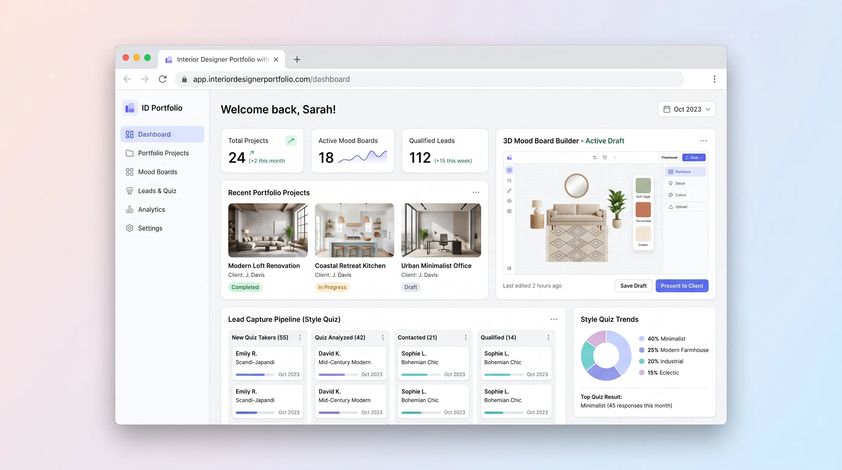 Warm off-white portfolio page with serif headings, a grid of interior design projects, and a sidebar mood board canvas where visitors drag swatches and furniture thumbnails onto a board with terracotta accent buttons.