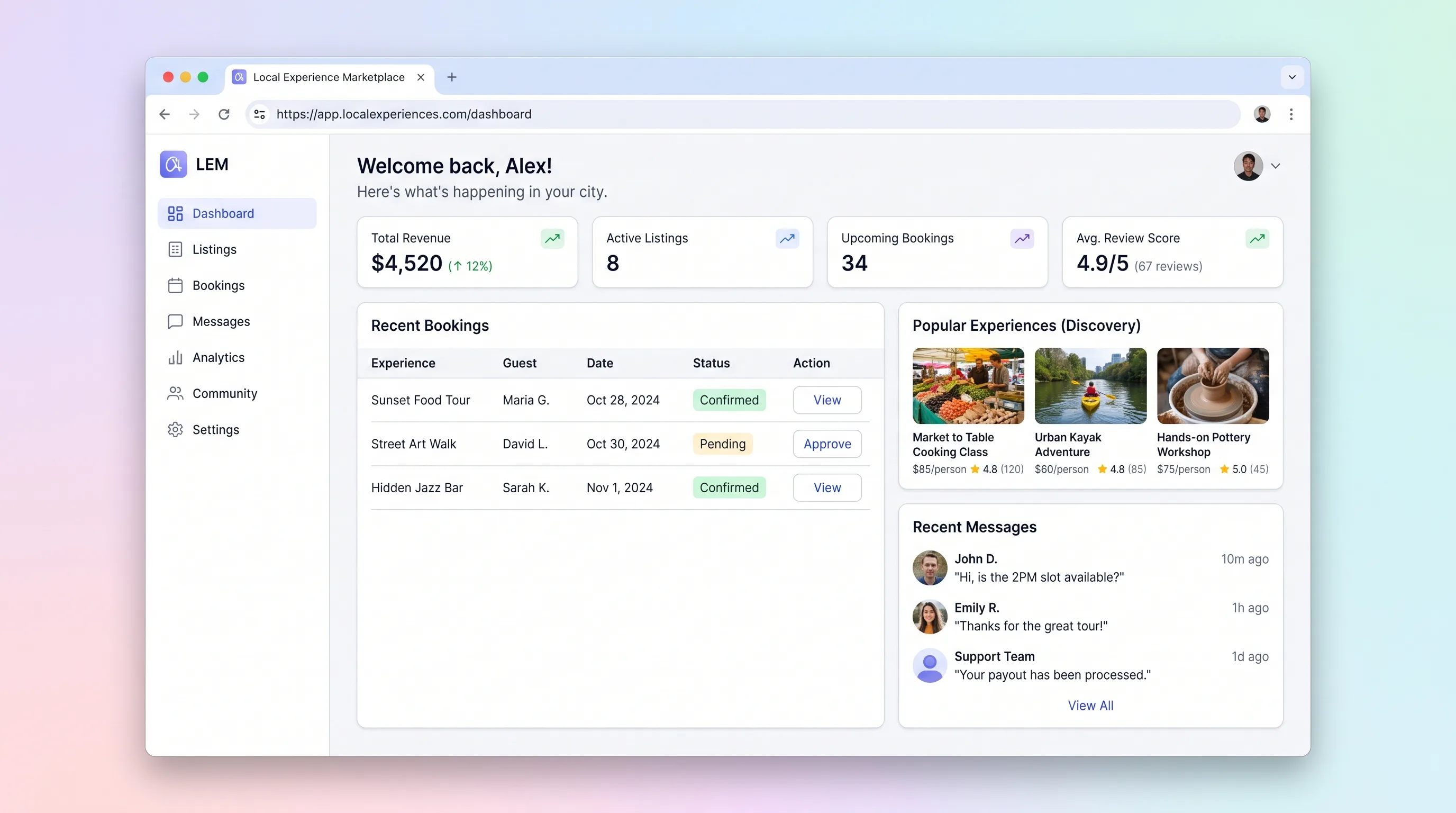 Warm coral and off-white marketplace interface with oversized typography, asymmetric experience cards featuring city photography placeholders, and a booking flow with date selection.