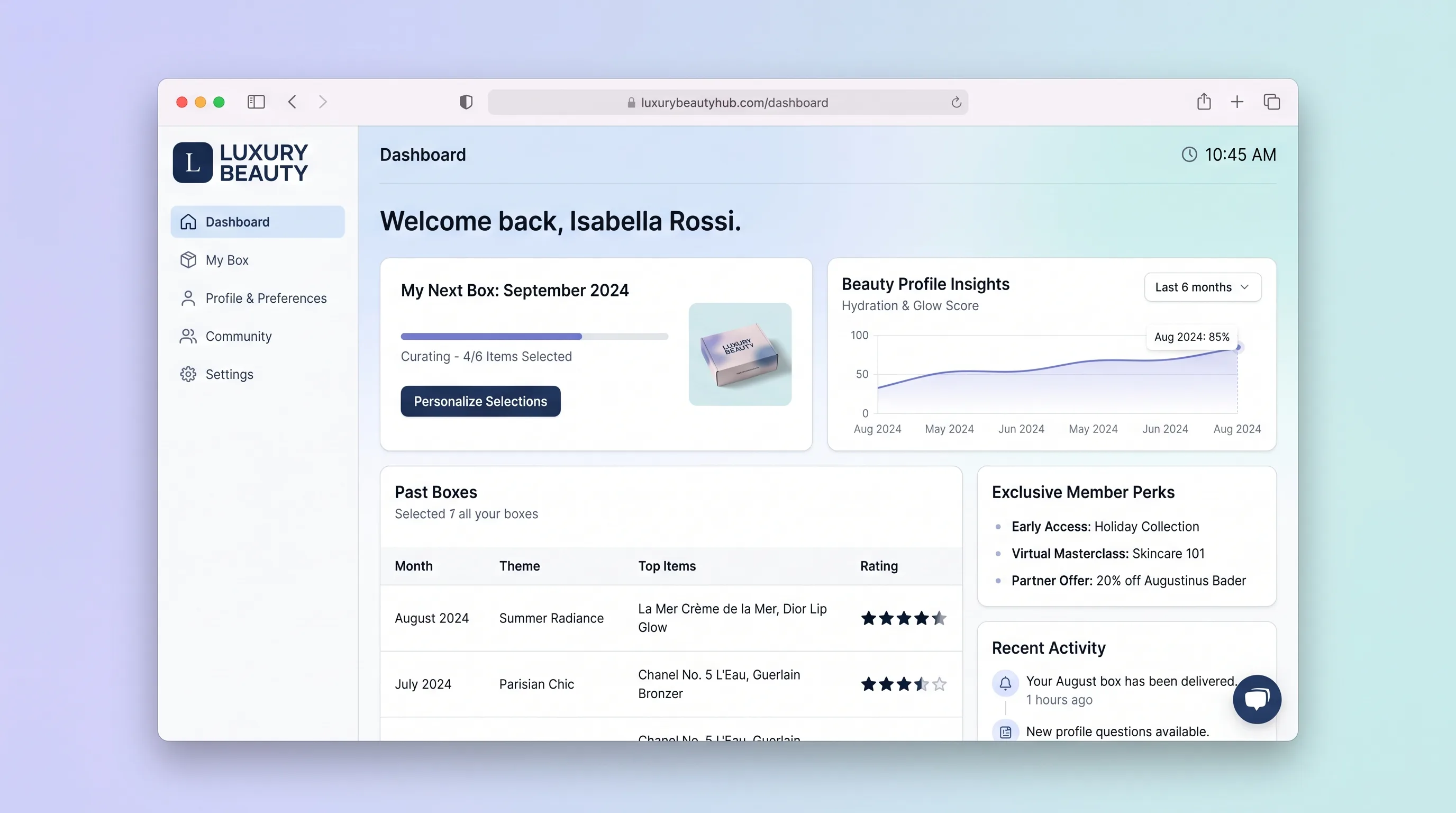 Dark-themed member dashboard with champagne gold accents showing a current monthly box with five beauty products, a blush rose rating widget, and subscription management controls.