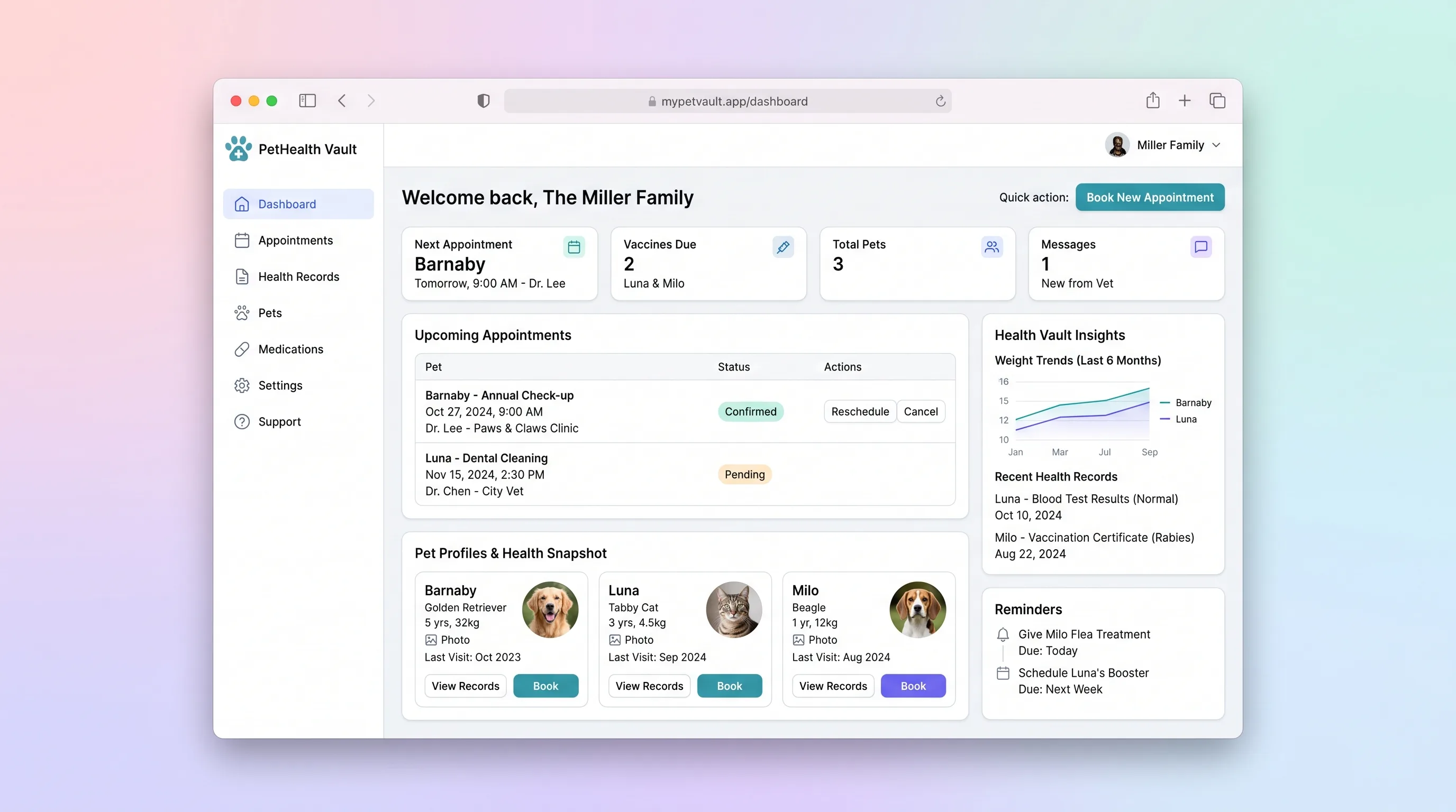 Pet dashboard with three color-coded pet avatar cards showing vaccination status badges, an upcoming appointments timeline, and a booking calendar widget