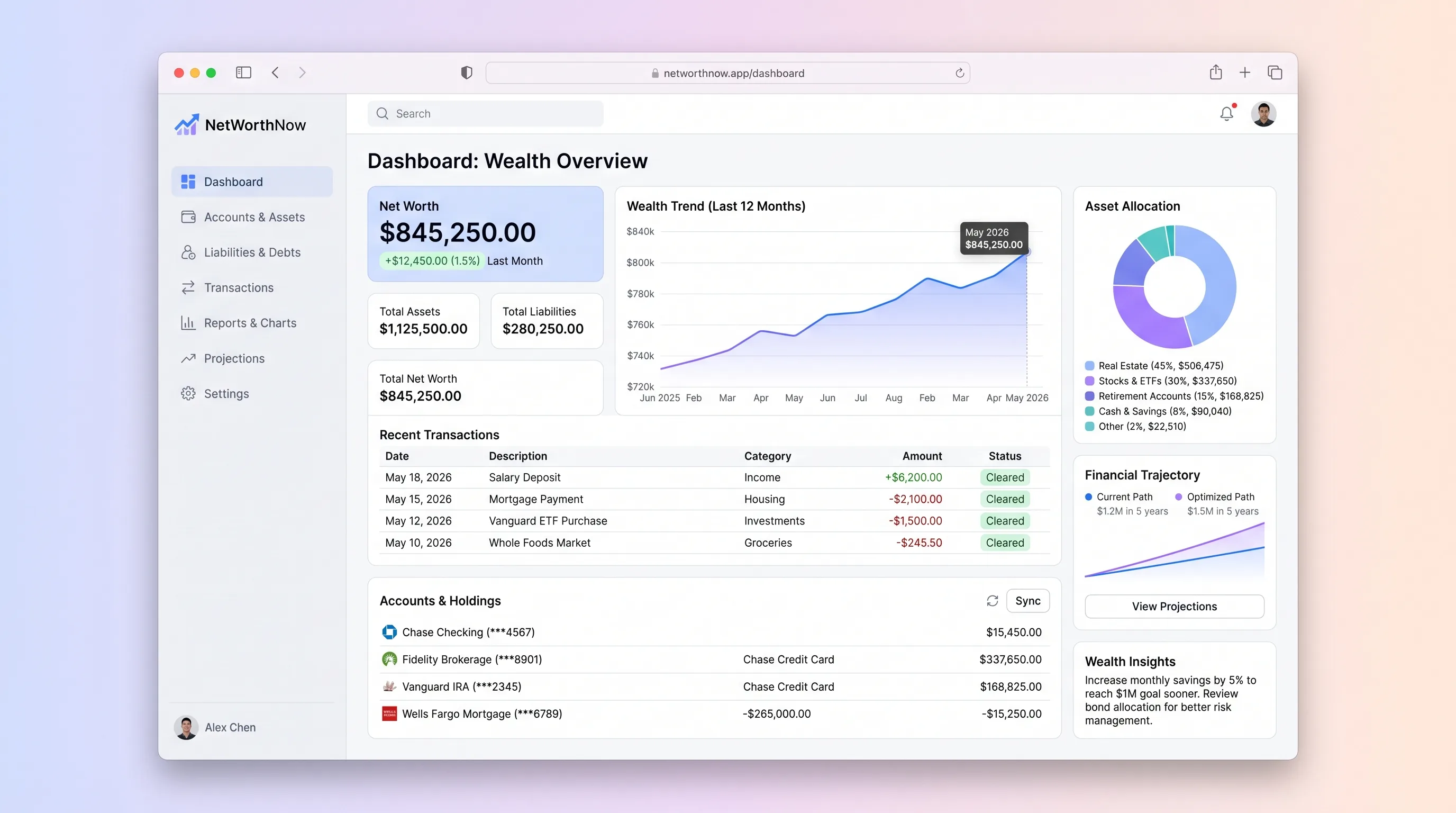 Desktop-first finance dashboard showing a net worth summary card with current total, a line chart of wealth over time, and a two-column balance sheet editor with categorized assets and liabilities