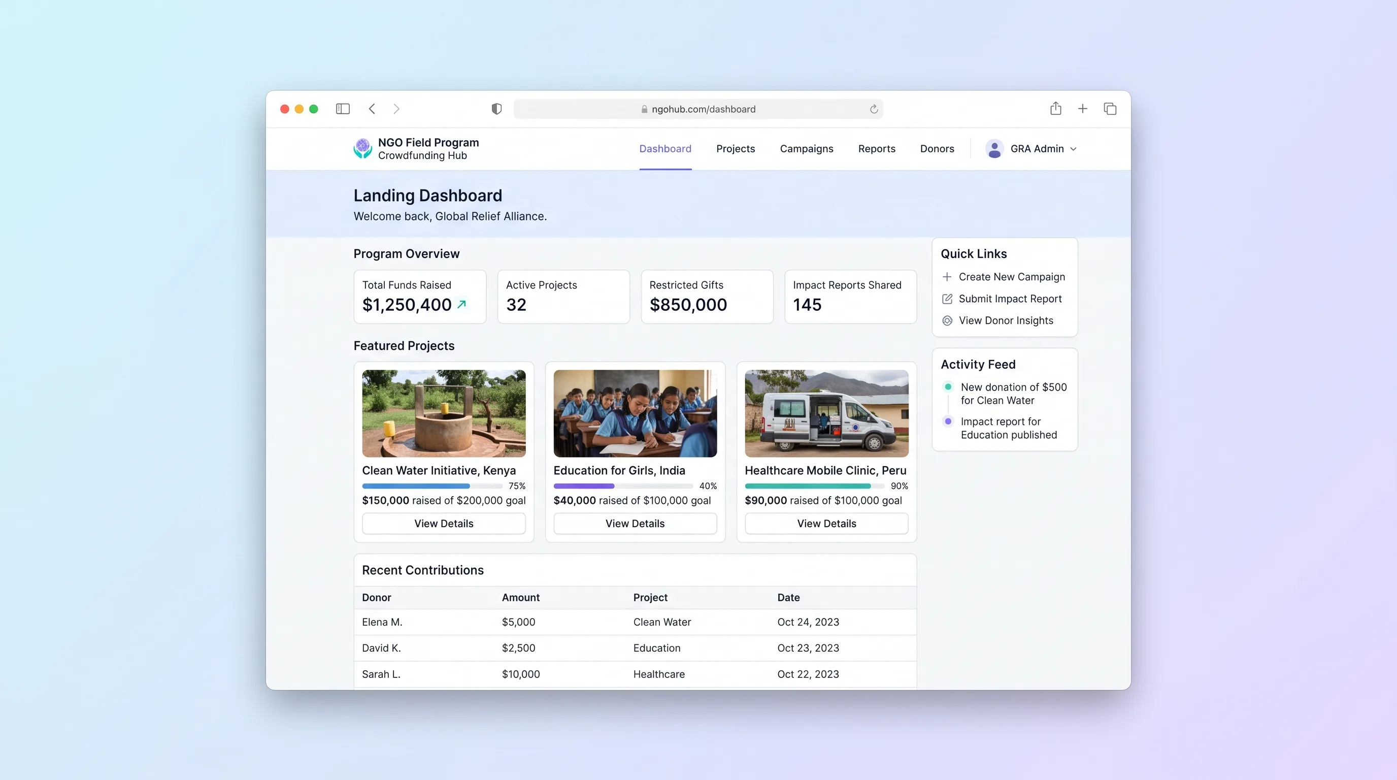 Clean white interface with deep navy header and warm gold donate buttons. Large field-program photography fills the top of each program page. A clean table lists program name, funding goal, raised amount, and status. Donor dashboard shows receipt history and field update cards.