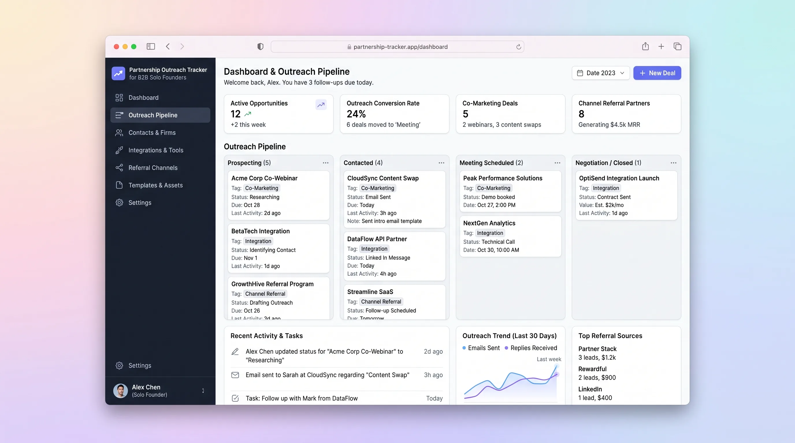Dark sidebar navigation with teal-emerald accent, clean white content area showing a compact partnership pipeline table with expandable rows revealing email thread history, deal status, and follow-up reminders.