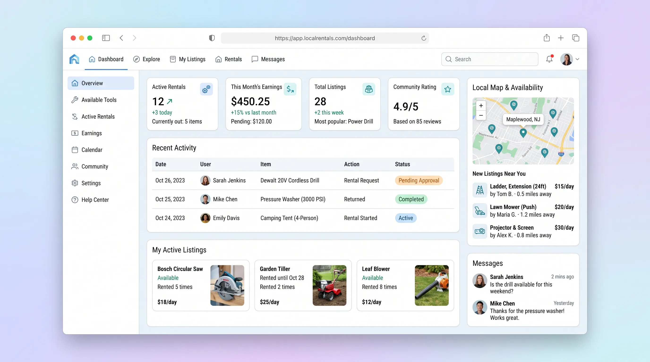 Mobile-first interface with warm neutral tones, card-based tool listings showing item photo, daily rate, distance badge, and availability calendar; a Mapbox-powered radius filter sits above a scrollable list of nearby drills, pressure washers, and ladders.