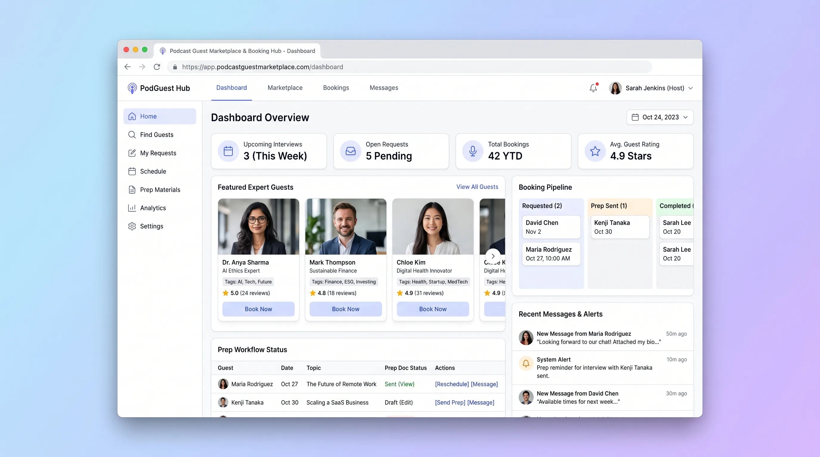Two-tone white and deep teal interface with a prominent search bar at top, a card grid of vetted guest expert profiles, and a timeline view showing upcoming confirmed bookings with prep kit status badges.