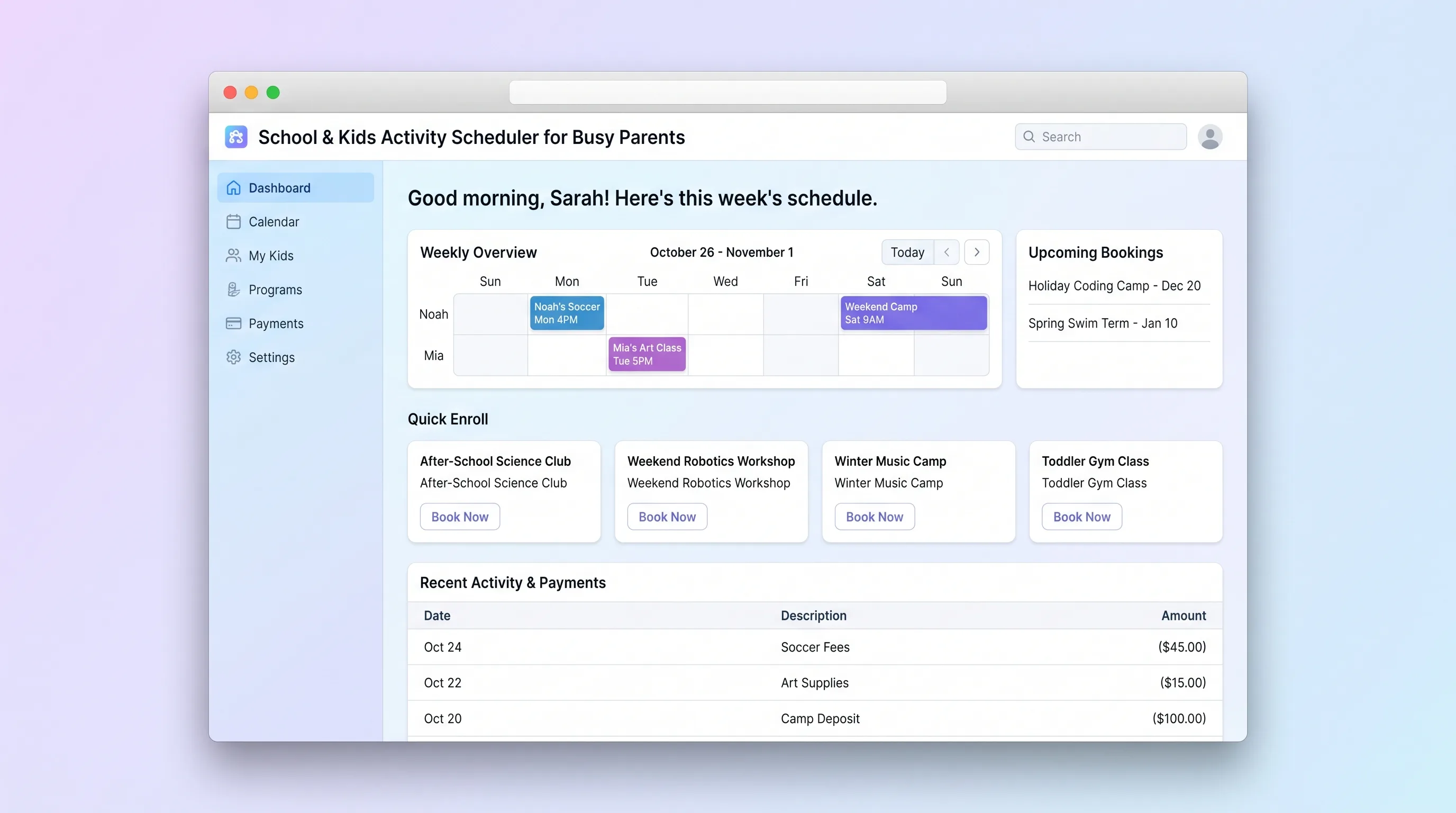 Sky blue and sunshine yellow interface with rounded activity cards showing class names, age ranges, and available slots, a parent dashboard with upcoming bookings, and an operator view listing enrollments per session.
