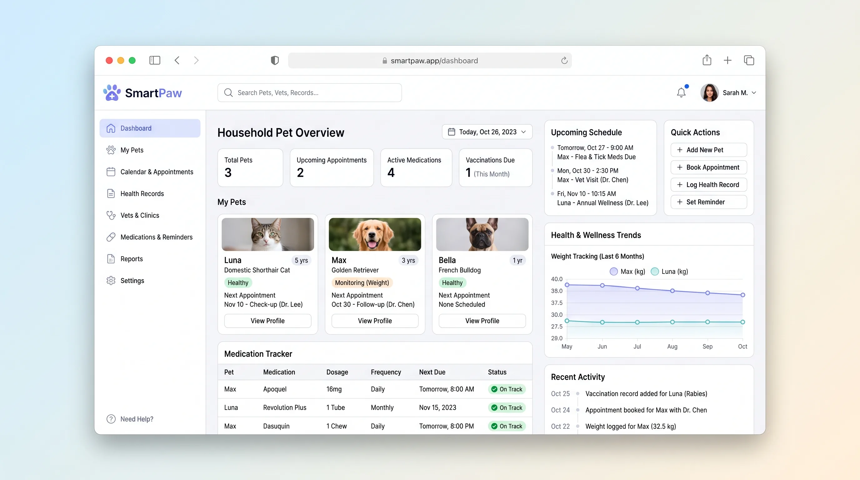 Pet health dashboard with soft blue-green palette showing three pet profile cards, each with vaccination status badges, upcoming appointment dates, and medication reminder chips.