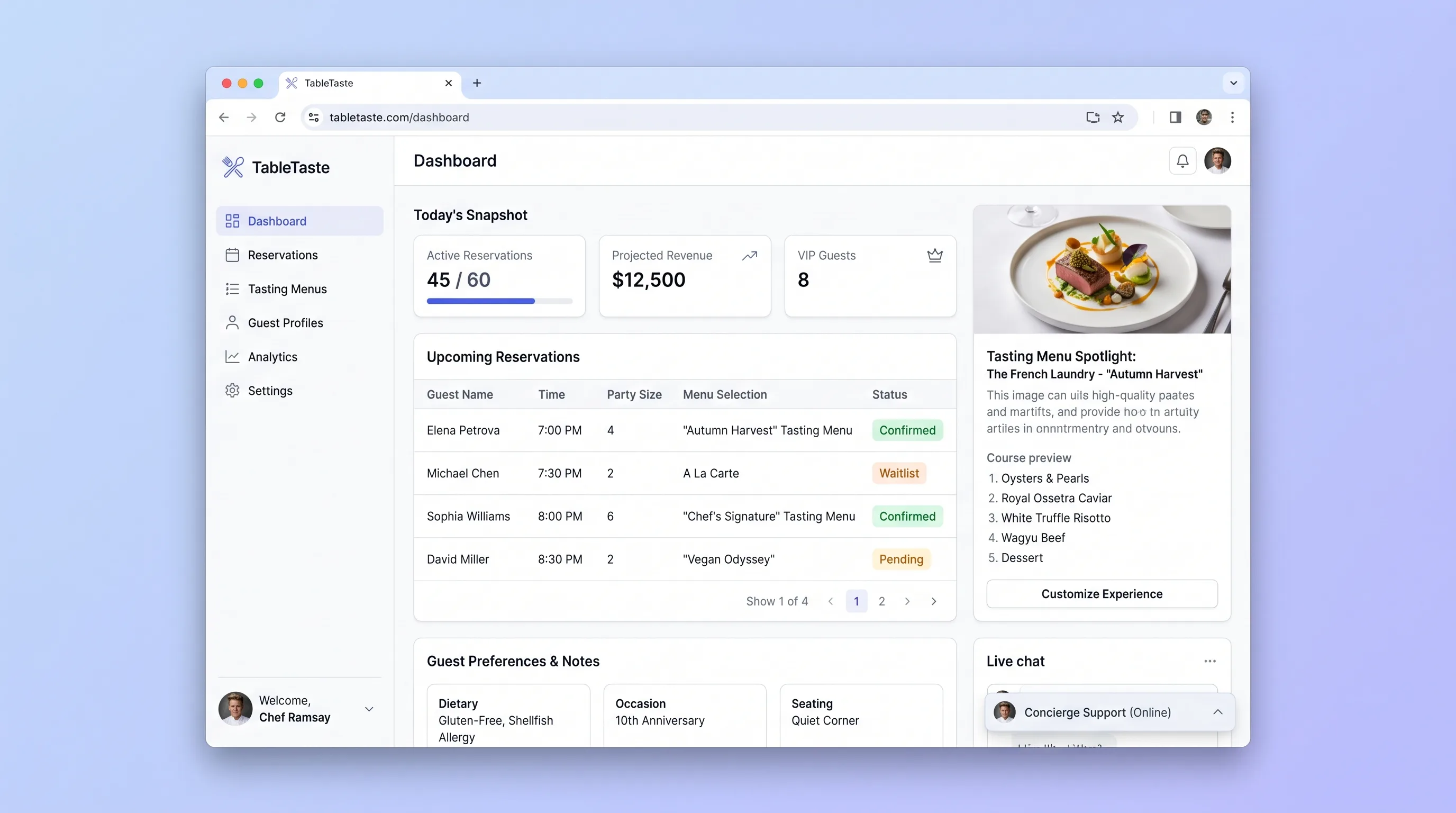 Dark charcoal interface with gold accents and Playfair Display serif headings showing a multi-course tasting menu preview, a reservation calendar with locked time slots, and an admin bookings dashboard.