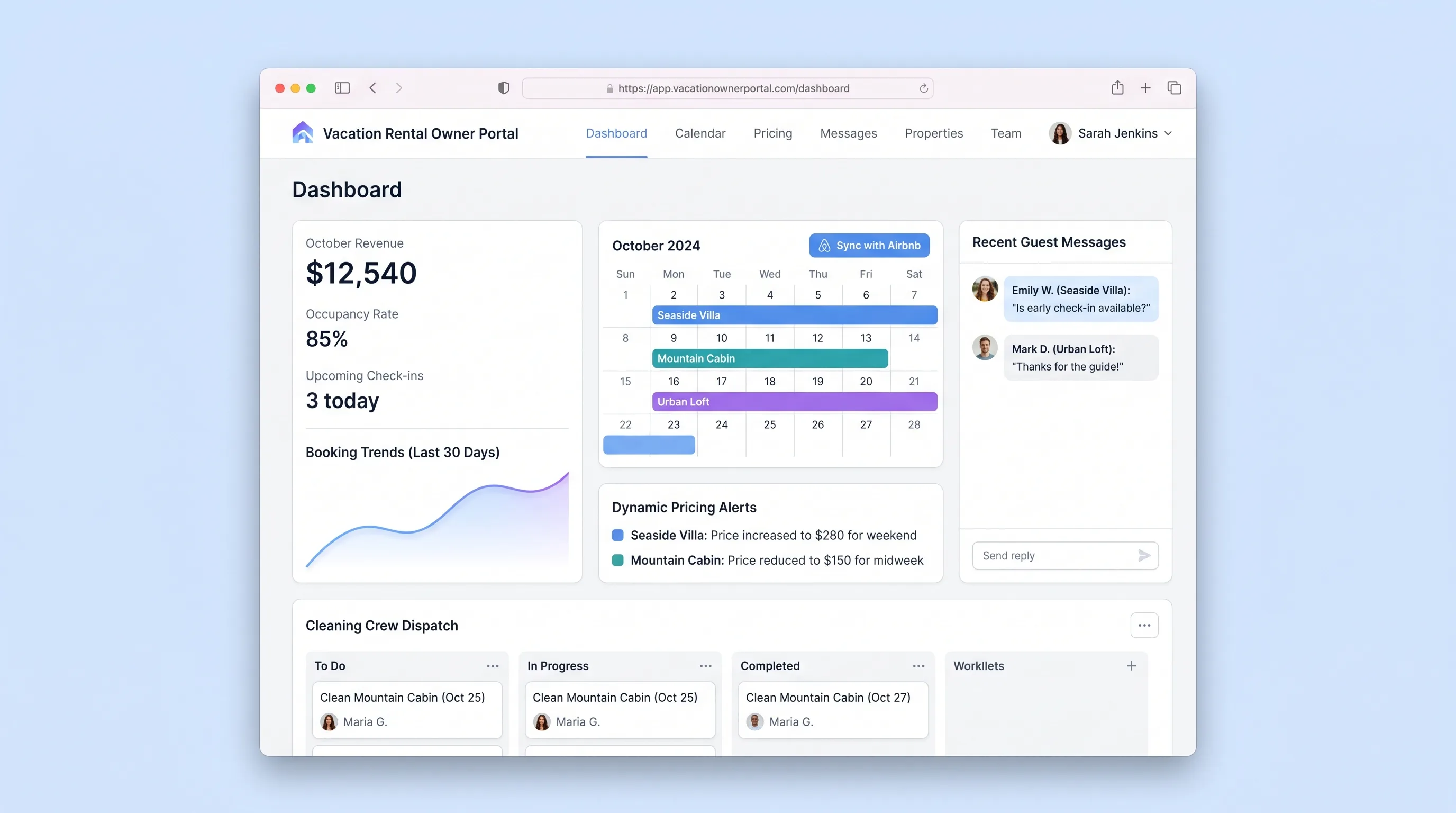 Dashboard showing three property cards with occupancy calendars, nightly rate suggestions, unread guest message counts, and pending cleaning task badges.